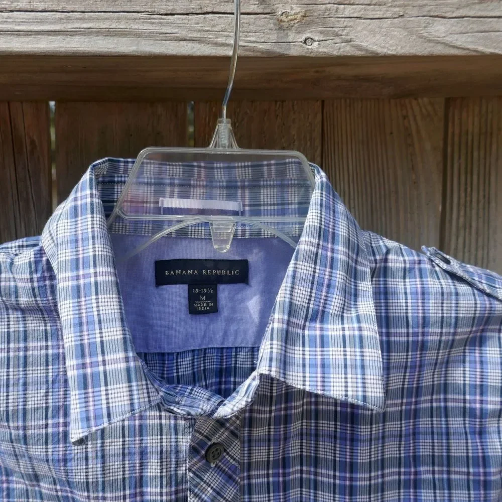 Banana Republic Button-Up Casual Shirt Long Sleeve Cotton Blend Blue Check M